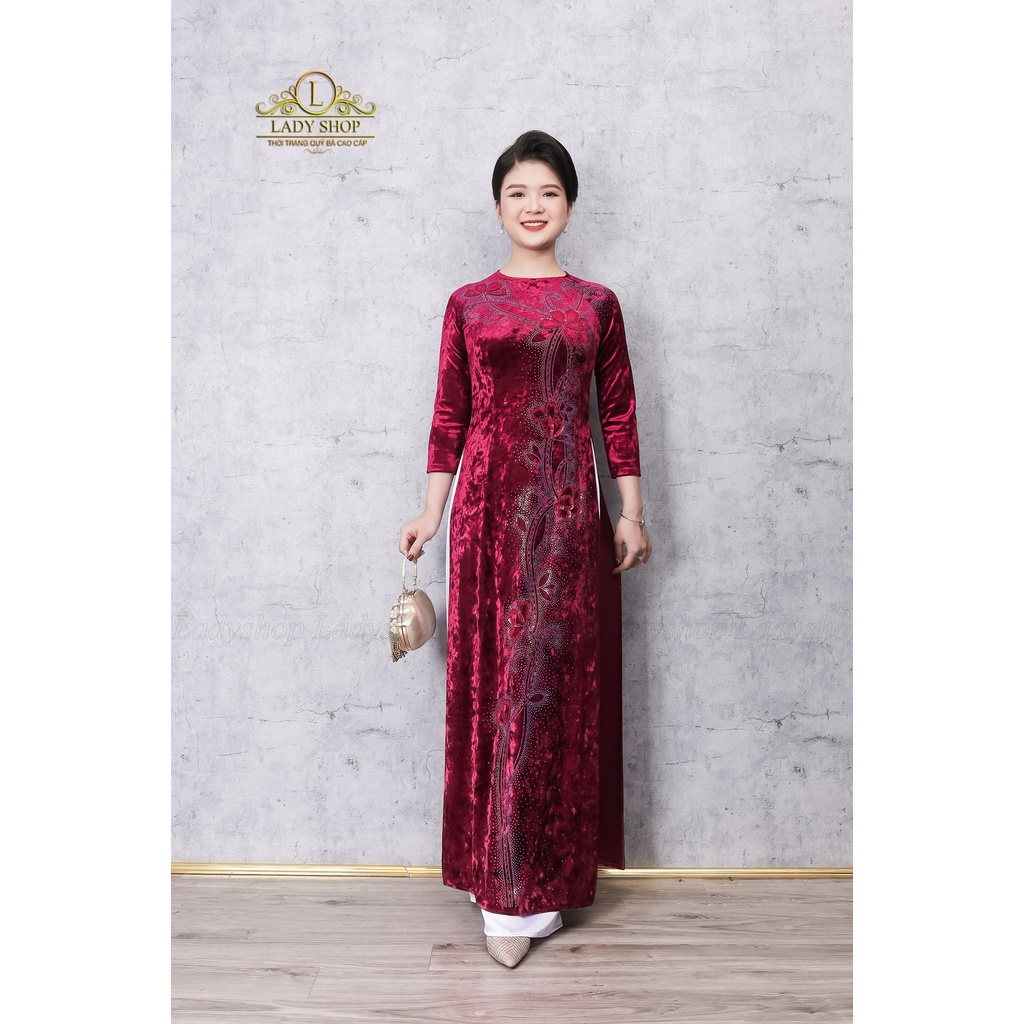 Áo dài nhung tuyết dây hoa cổ tròn Ladyshop thời trang trung niên cao cấp TK996