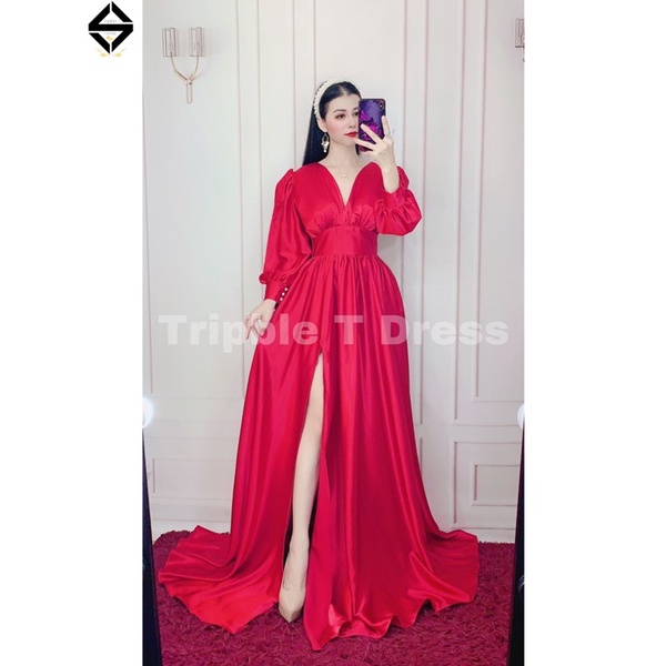 Đầm maxi dạ hội TRIPBLE T DRESS tay dài bo cổ tay xẻ đùi - size M/L - MS415V