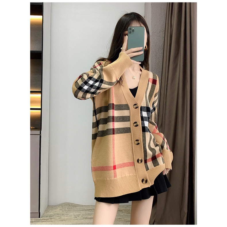 Áo khoác Cardigan BBR chất len dệt kim phối kẻ sọc, Cardigan nữ dày dặn Quảng Châu cao cấp khồng xù lông