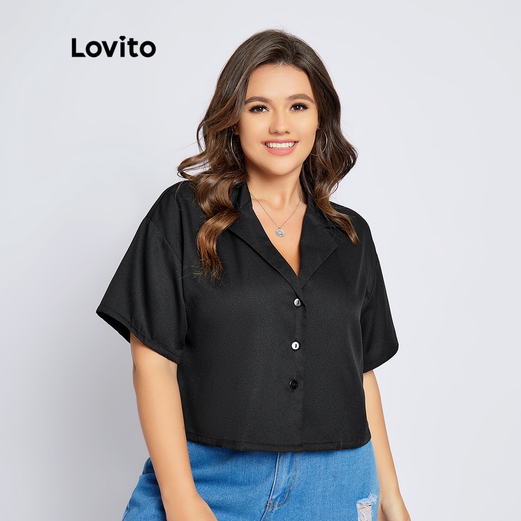 Áo Lovito plus size màu trơn cổ chữ V có nút phong cách thường ngày cho nữ LPS04001 (màu đen)