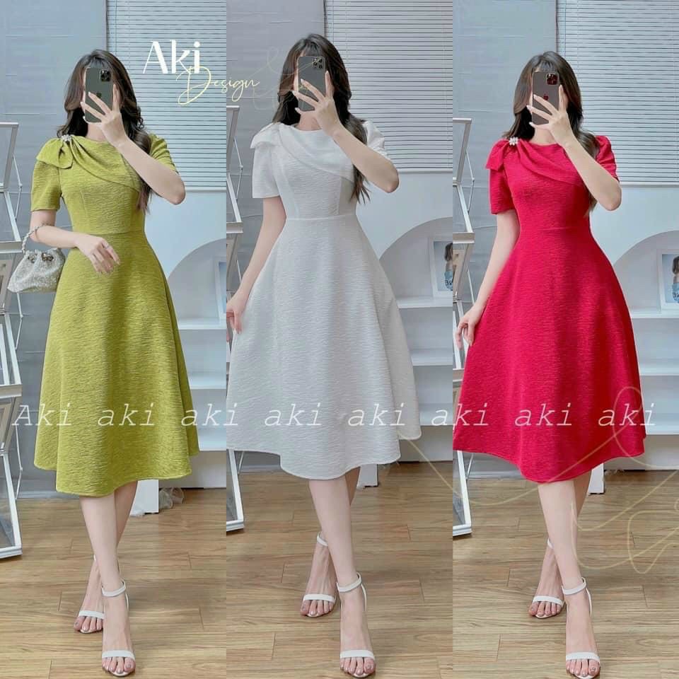 Đầm Váy Nữ Dáng Xoè Chất Xốp Gạo Đính Phụ Kiện Vai Thiết Kế Sang Chảnh Đi Làm Công Sở, Dạ Hội Và Du Lịch Cực Xinh Đẹp