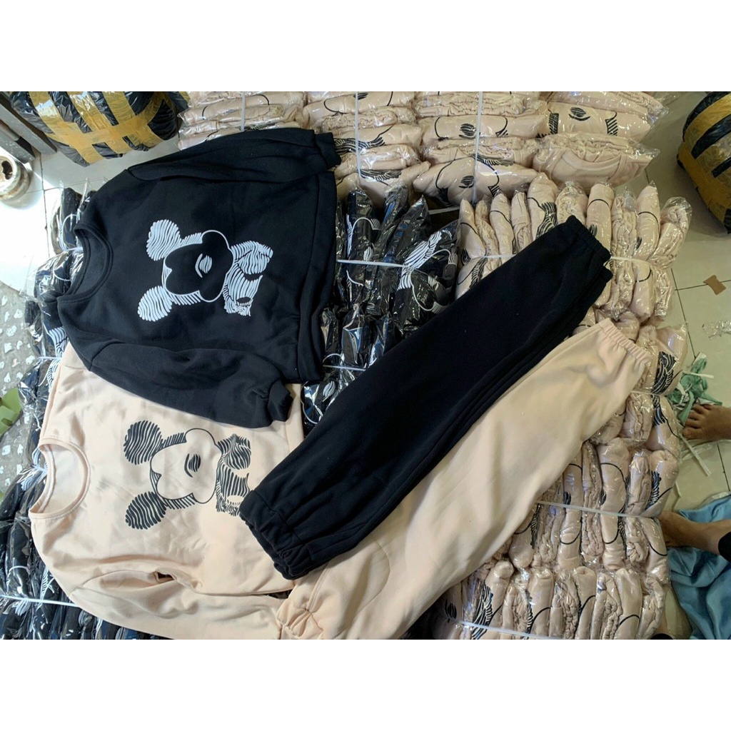 [11.11 Sale Freeship] Set áo hoodie in hình chuột mickey,bộ nỉ tay dài cổ tròn phối quần dài ống túm có túi năng động