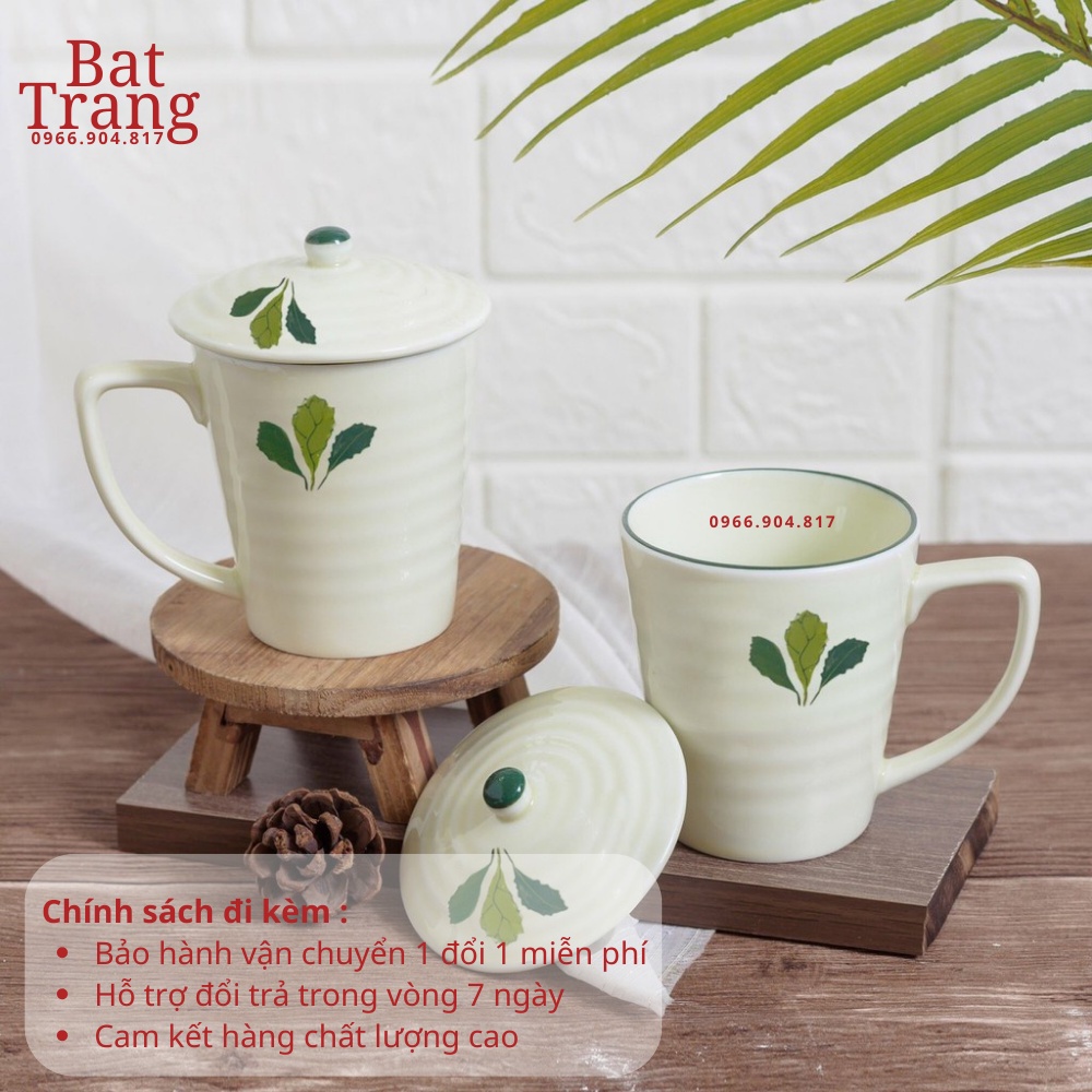 Cốc sứ uống nước có nắp men kem Bát Tràng vẽ tay 350ml, tiện lợi khi uống trà, cà phê - hàng có bảo hành