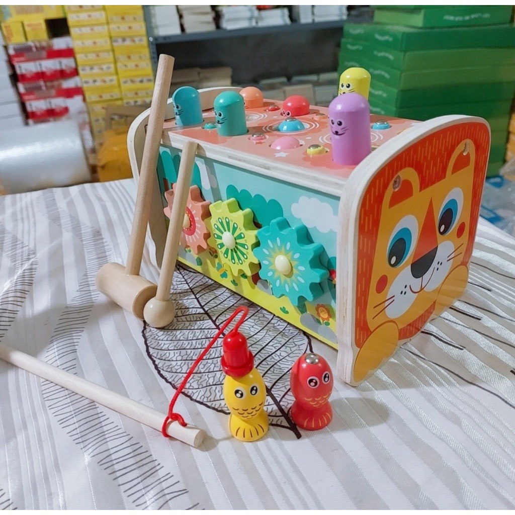 Đồ chơi đập chuột câu cá kèm đàn gỗ đa chức năng, đồ chơi đập chuột 5in1 rèn kĩ năng thể chất giáo dục cho bé