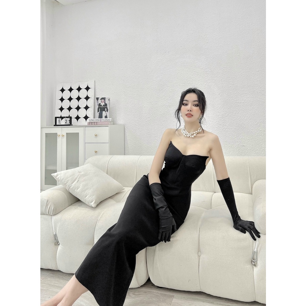 Váy Body Dài Đính Lông , đầm body cúp ngực xẻ tà sang chảnh kèm găng tay