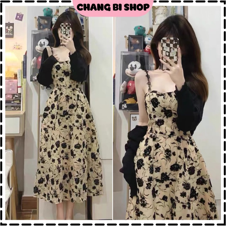 Váy 2 dây Hoa Nhí Kèm Áo Khoác Cardigan Tiểu Thư Có Mút Ngực Phù Hợp Đi Chơi, Dạo Phố Phong Cách Hàn Quốc Chang Bi Shop
