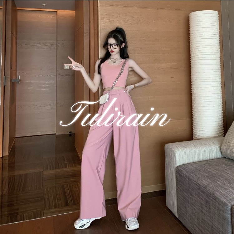 Tulirain Áo Ghi Lê Eo Cao + Quần Ống Rộng Ôm Dáng Phong Cách Hong Kong Thời Trang Mới Cho Nữ