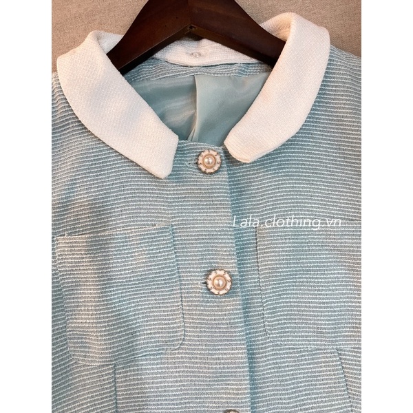 Áo dạ tweed mỏng xanh tay ngắn