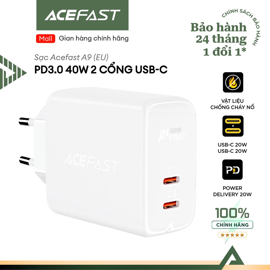 Sạc ACEFAST A9 công suất 40W 2 cổng: USB-C hỗ trợ sạc nhanh PD3.0 chân tròn EU - Hàng chính hãng