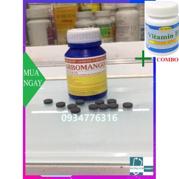 Combo Vitamin B1 chai 100 viên+ Carbomango đầy bụng, đầy hơi, khó tiêu, tiêu chảy....( chai 100 viên)