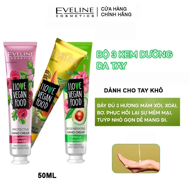 Kem Dưỡng Da Tay Chiết Xuất Tự Nhiên, Phục Hồi Da Mềm Mại Eveline Cosmetics I Love Vegan Food Hand Cream 50ml