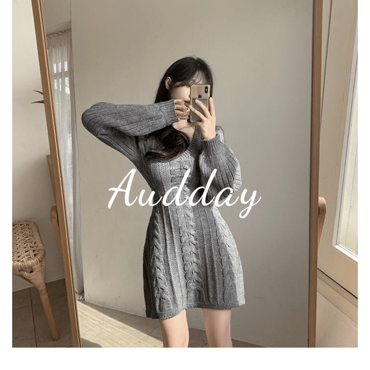 Audday Đầm Chữ A Dệt Kim Tay Dài Dáng Ôm Cổ Chữ V Họa Tiết Kẻ Sọc Thanh Lịch Dành Cho Bạn Nữ