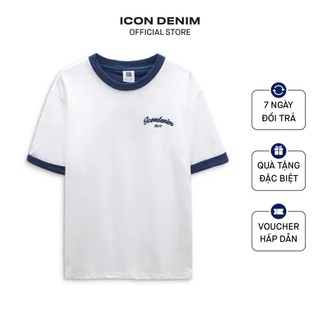 Áo Thun Nam Cotton Cổ Tròn ICON DENIM Form Regular Phối Viền Thêu Logo Co Giãn Thoáng Mát ATID0050