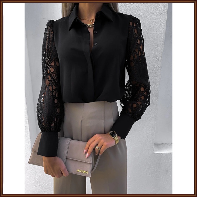 Áo Kiểu Tay Dài Cổ Tròn Phối Ren Màu Trơn Thời Trang Dành Cho Nữ