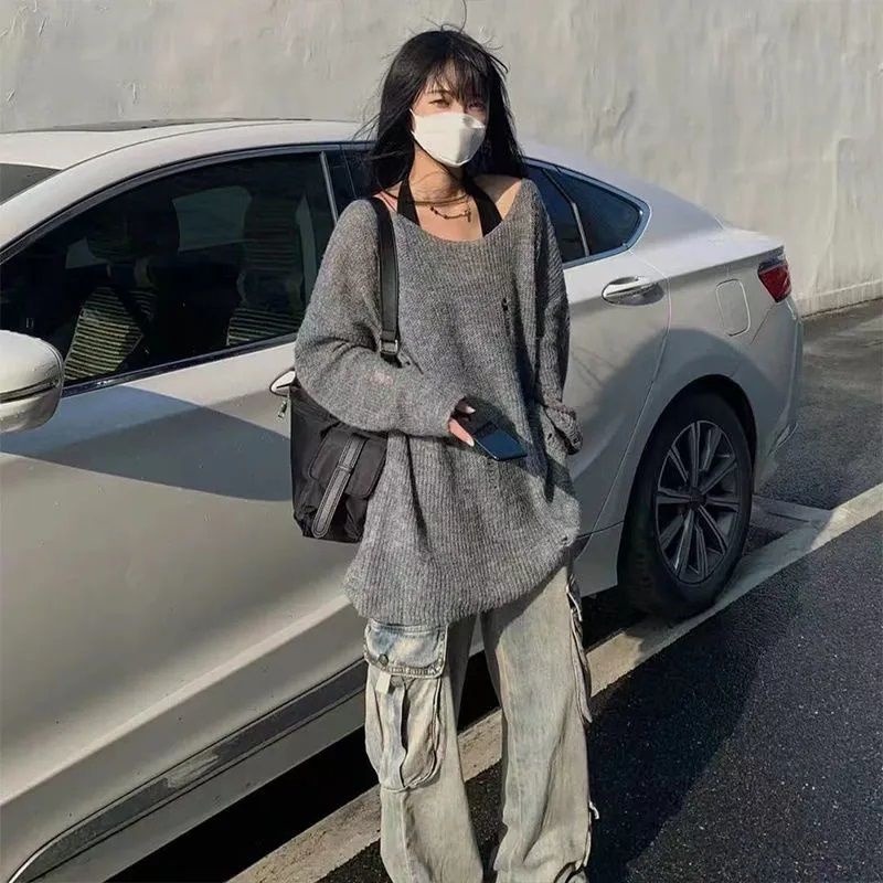 Jiashucheng Áo Sweater Dệt Kim Mỏng Tay Dài Dáng Rộng Rách Lỗ Rỗng Cỡ Lớn Thiết Kế Cá Tính Cho Nữ