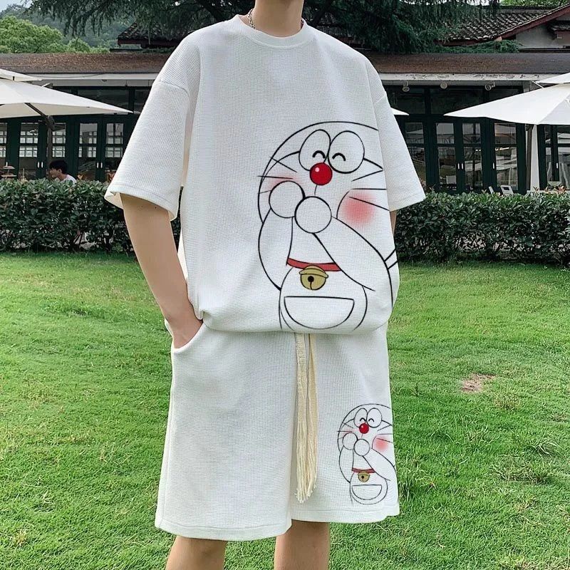 Set Áo Thun Ngắn Tay + Quần Short Thể Thao Họa Tiết Doraemon Thời Trang Xu Hướng Đường Phố Cho Cặp Đôi