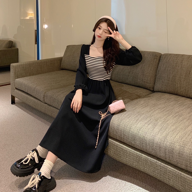 Đầm maxi SUXI dài tay cổ vuông họa tiết kẻ sọc phong cách Hàn Quốc thời trang cho nữ