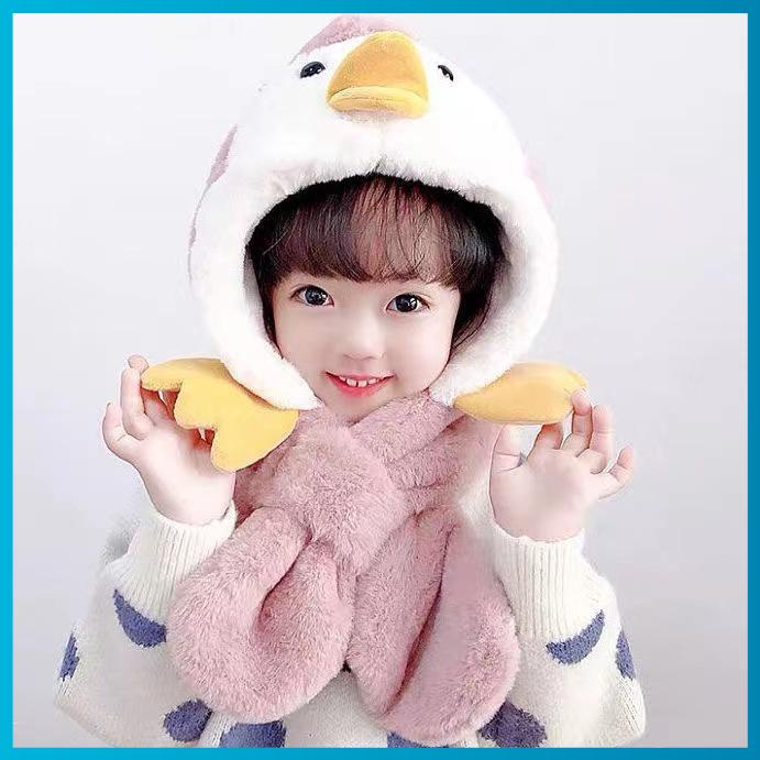 Mũ trẻ em, mũ lông con vịt kèm khăn siêu ấm mùa đông cho bé