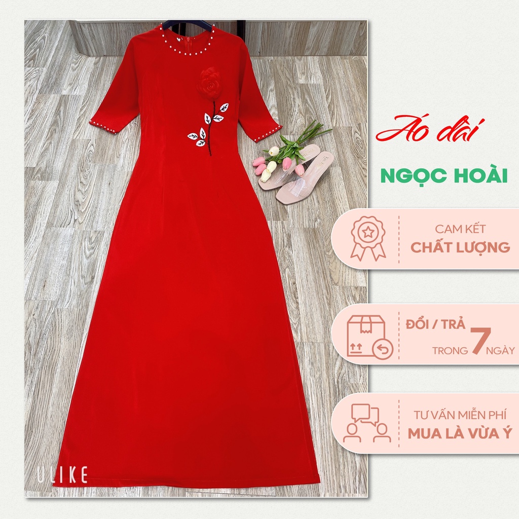 Áo dài thiết kế màu đỏ chất lụa tằm kết bông hoa và hạt trươc ngực sang trọng, nhẹ nhàng