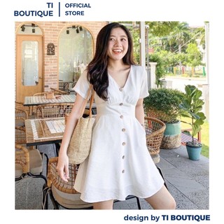 [ẢNH THẬT CUỐI] Đầm Nữ Đi Du Lịch Cổ V Tay Ngắn Năng Động Trẻ Trung, Đầm Xinh Dáng Ngắn Xòe Baisc Phối Nút Dọc Thân Váy