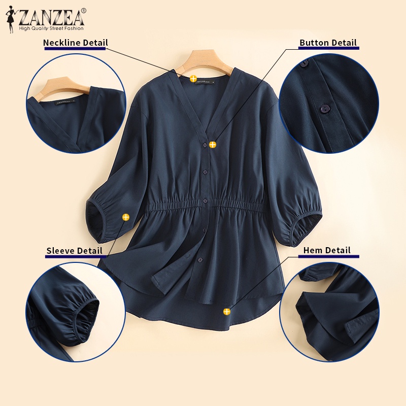 ZANZEA Áo Sơ Mi Cotton Mỏng Tay Phồng Cổ Chữ V Thời Trang Dành Cho Nữ