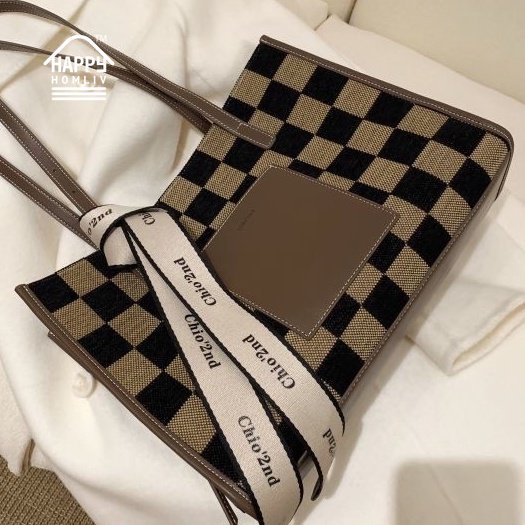 HAPPY HOMLIV Túi Tote Đeo Vai Cỡ A4 Họa Tiết Sọc Caro Phong Cách Retro Thời Trang Cho Nữ