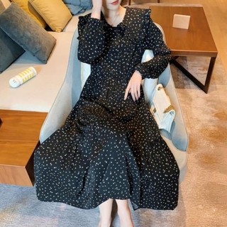 Đầm Dài Qua Gối Tay Dài Cổ Búp Bê Họa Tiết Chấm Bi Màu Đen Phong Cách Hàn Quốc