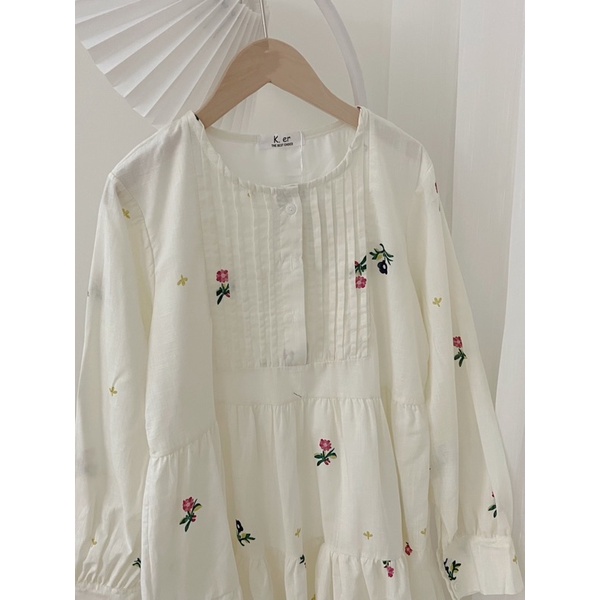 Váy - Đầm babydoll hoa nhí LINIEN dài tay dáng xoè xếp li cúc dọc