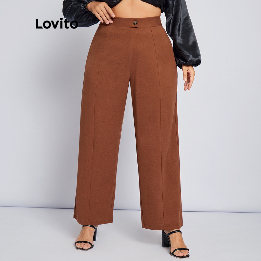 Quần Lovito plus size kết cấu khóa kéo có nút màu trơn phong cách thường ngày cho nữ LPS04057 (màu nâu)