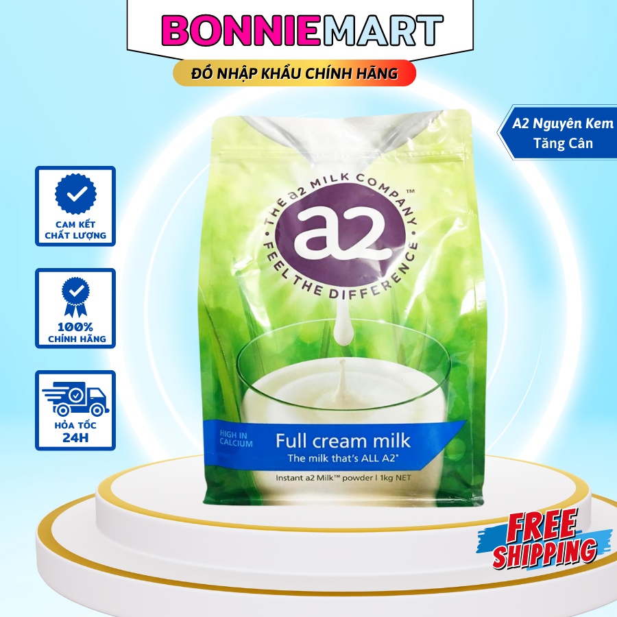 Sữa tươi dạng bột A2 nguyên kem/ tách kem (1kg) cho người lớn muốn tăng cân và trẻ em trên 1 tuổi