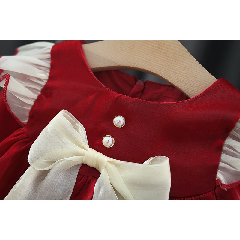 Đầm Tay Cánh Tiên Màu Trơn Đính Nơ Phong Cách Hàn Quốc Thời Trang Xuân Thu Cho Bé Gái 0-3 Tuổi