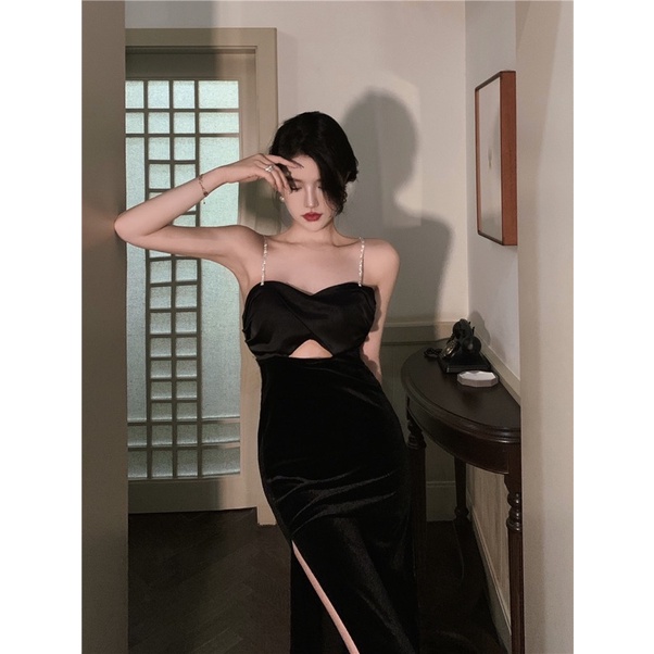 Hàng có sẵn Yona’s Đầm hai dây sexy thiết kế hở lưng xẻ tà dự tiệc phong cách Retro kèm Feelback khách xinh D5B