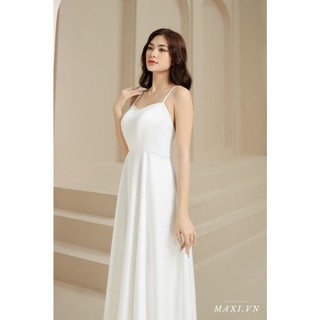 Đầm maxi dạ hội trắng 2 dây thiết kế đan lưng