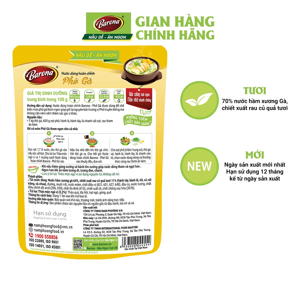 Combo 2 Gói Nước dùng Phở Gà Barona 145g, Tặng tiêu hạt