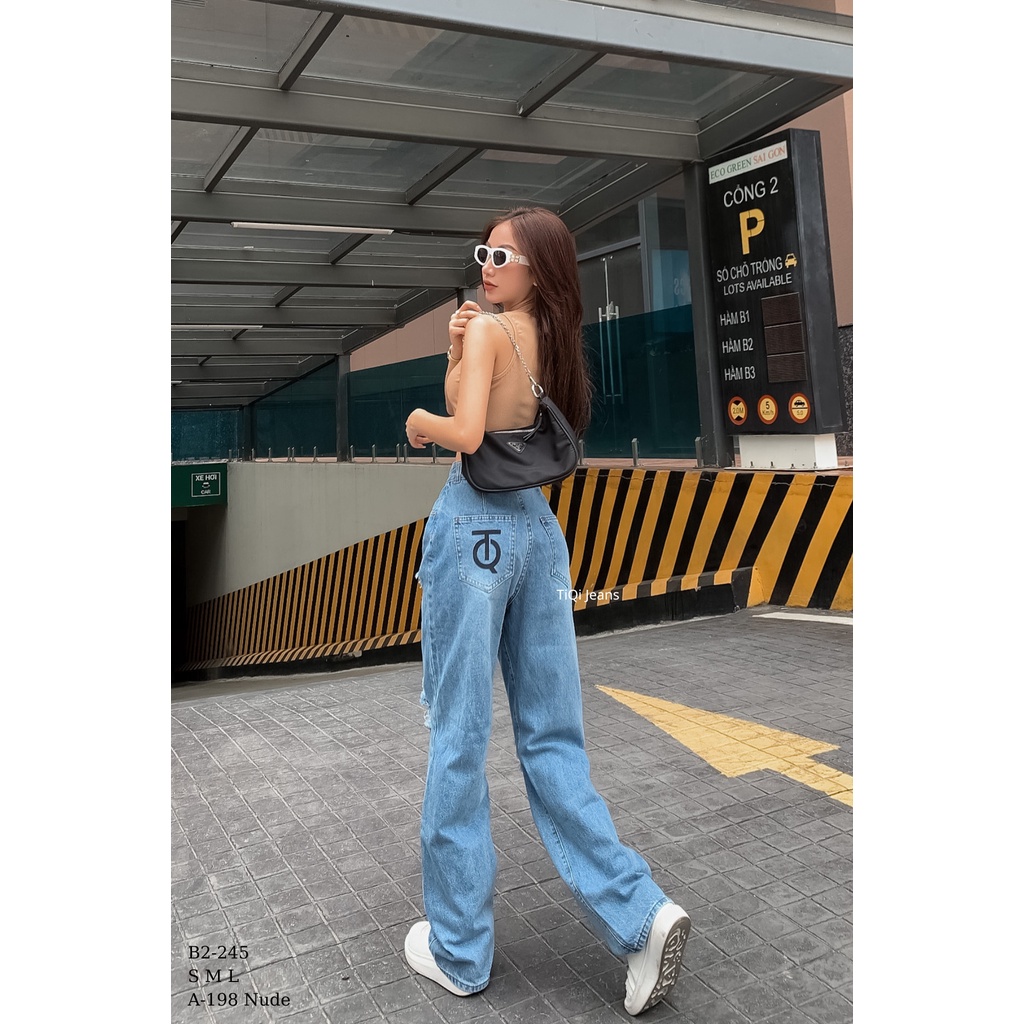 Quần Jean Ống Rộng Suông Nữ Rách Gối Tiqi Jeans B2-245