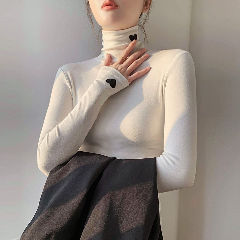 Áo Thun Nữ Cổ Cao Thêu Hình Trái Tim Phong Cách Hàn Quốc