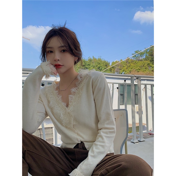 ZHELIHANGFEI Áo Cardigan Dệt Kim Tay Dài Cổ Chữ V Lưng Cao Phối Ren Dễ Phối Đồ