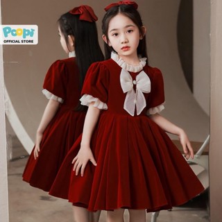 Váy Công Chúa Bé Gái Poopi Dáng Xòe Ngắn Tay Màu Đỏ Đính Nơ Dễ Thương, Váy Tết Cho Bé Gái Đi Chơi