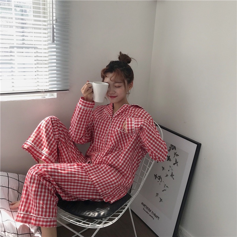 BỘ PIJAMA CHẤT ĐŨI XỐP HOẠ TIẾT KẺ Ô MẶC NHÀ XINH, Đồ Ngủ Thiết Kế Cao Cấp Nữ Thoải Mái