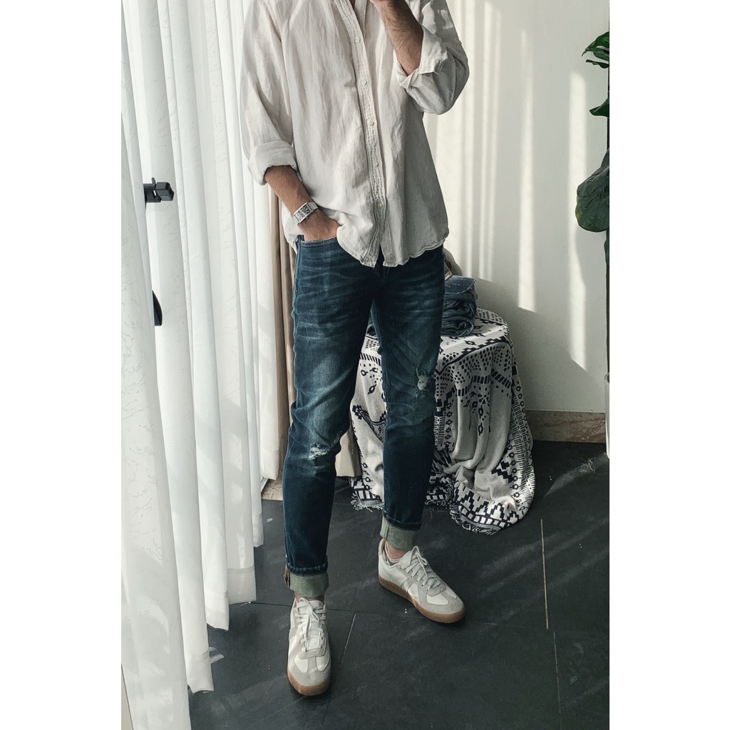 Quần jeans nam xanh đậm xước gối dáng dài - MGSIMPLE