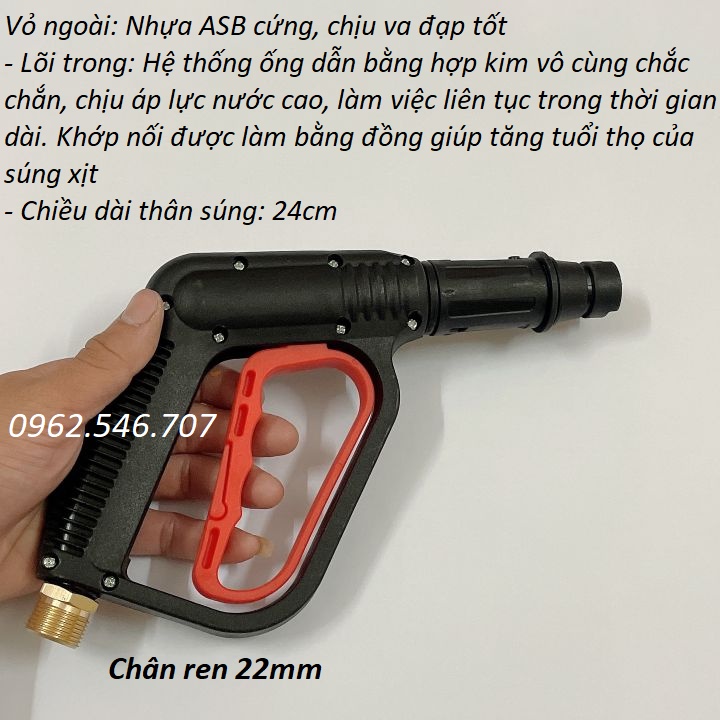 Súng rửa xe áp lực cao kiểu dài kèm bình tạo bọt tuyết ren ngoài phi 22mm siêu mạnh, vòi xịt rửa xe