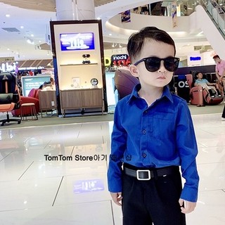Áo sơ mi xanh đen dài tay cho bé trai bé gái phong cách Hàn Quốc