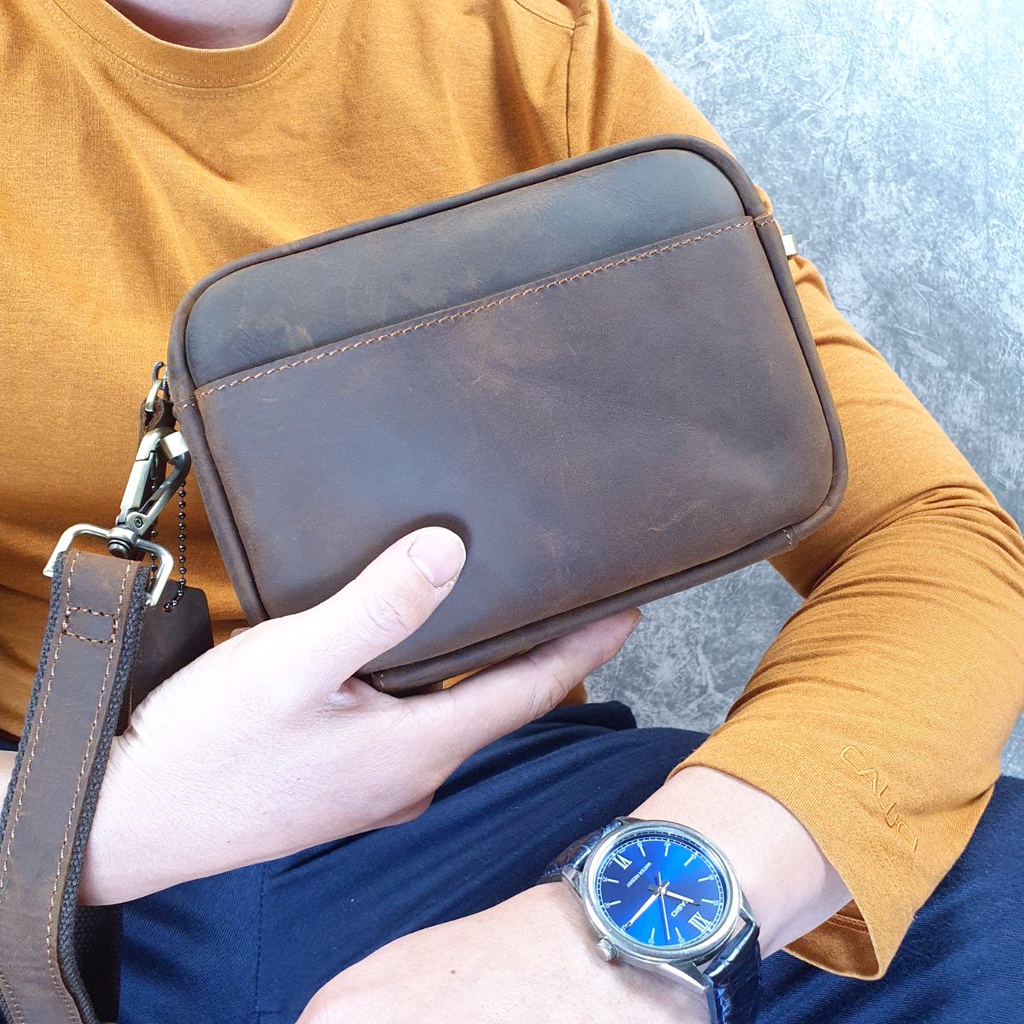 Túi đeo chéo nam kết hợp Clutch cầm tay da bò thật TD118LEA  - 100% da bò thật, BH 3 năm