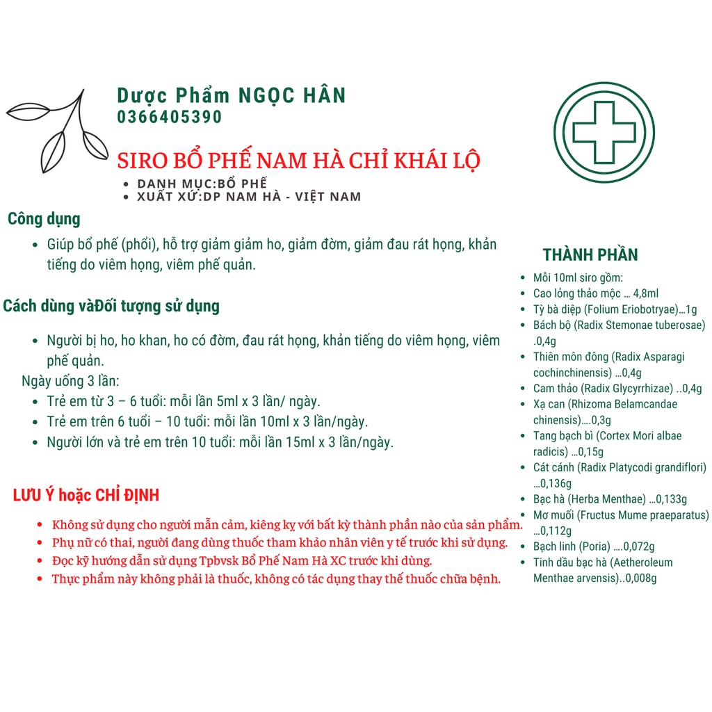 TPBVSK Siro Bổ Phế Nam Hà XC | 125ml| DP Nam Hà