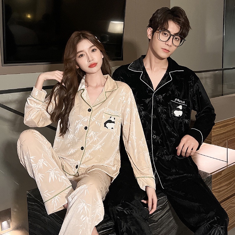 Bộ Đồ Ngủ Tay Dài Chất Liệu Jacquard Nhung Họa Tiết Gấu Trúc Hoạt Hình Thời Trang Thu Đông Cho Cặp Đôi