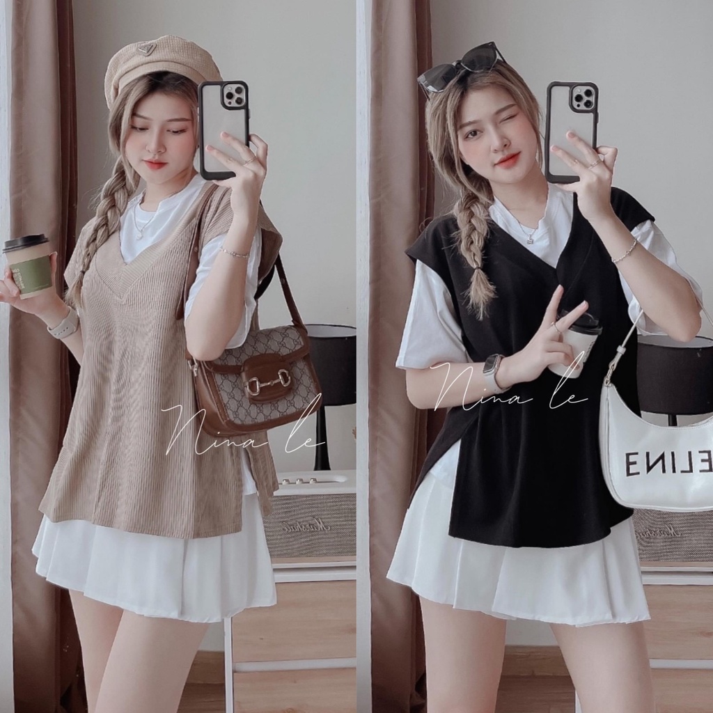 Set bộ đồ nữ 3 món áo thun phối áo khoác gile xẻ tà xinh xắn với 2 màu tôn da, tôn dáng dành cho các nàng yêu đi chơi