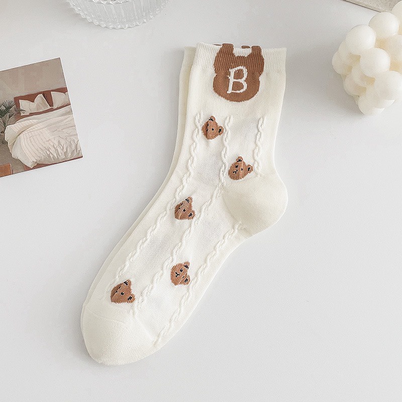 Tất Vớ Cổ Cao Nữ Jengiang họa tiết hình gấu chất liệu vải ren co giãn thời trang Hàn Quốc DO18