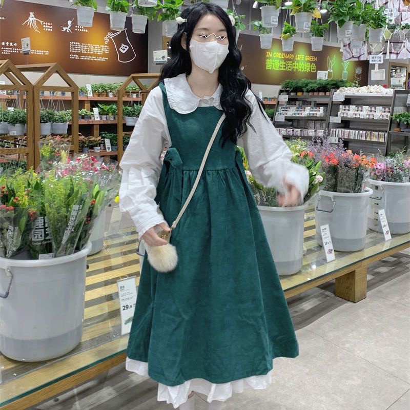 Bộ Áo Sơ Mi Cổ Bẻ + Đầm Yếm Kiểu Vintage Nhật Bản Dễ Thương Cho Nữ Sinh