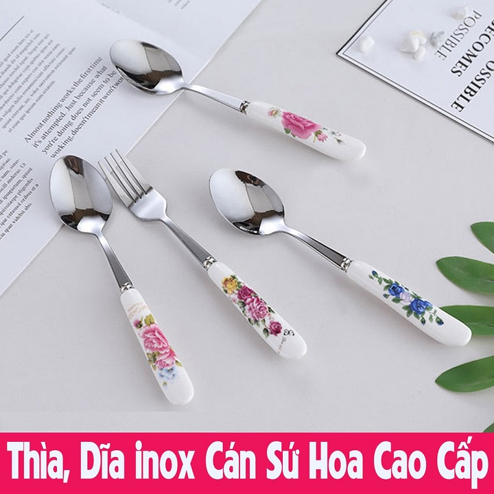 Combo 10 Thìa Rĩa Inox Cán Sứ Họa Tiết Hoa Hồng Đẹp