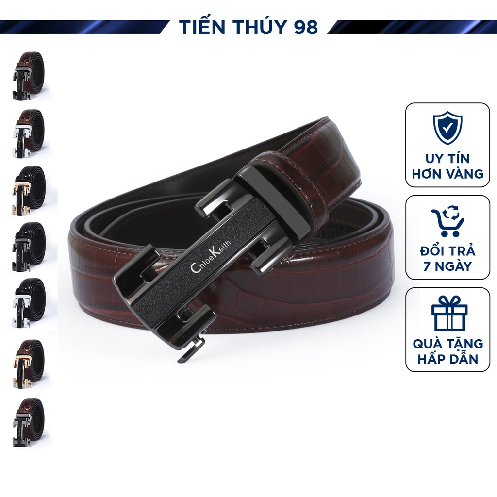 Thắt lưng nam da bò thật, dập vân da cá sấu, mặt chữ I, khóa tự động bền đẹp